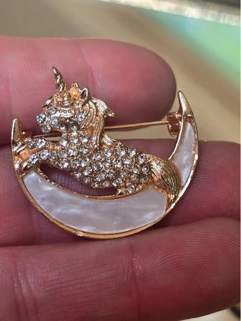 Whimsical Gold Tone Rhinestone Unicorn on Pearled Crescent Moon Brooch